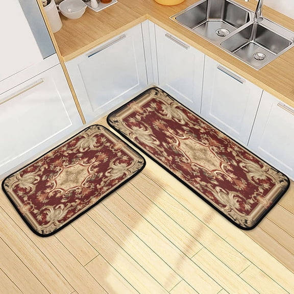 Dailycode 2 Pcs Kitchen Rug Set Non Slip Absorbent Soft Floor Mats for Kitchen Bathroom Red Bohemian Mandala 19.7"x27.6" 19.7"x47.2"