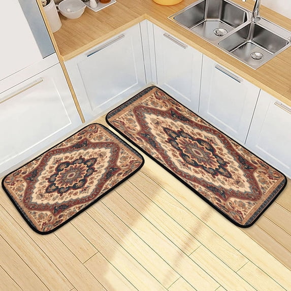 Dailycode 2 Pcs Kitchen Rug Set Non Slip Absorbent Soft Floor Mats for Kitchen Bathroom Red Orange Mandala 19.7"x27.6"+19.7"x47.2"