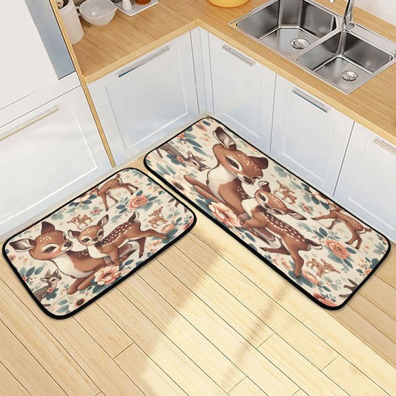 Dailycode 2 Pcs Kitchen Rug Set Non Slip Absorbent Soft Floor Mats for Kitchen Bathroom Retro Sika Deer and Flowers 19.7"x27.6"+19.7"x47.2"