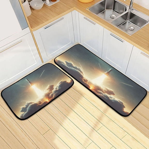 Dailycode 2 Pcs Kitchen Rug Set Non Slip Absorbent Soft Floor Mats for Kitchen Bathroom Rocket Launching 19.7"x27.6"+19.7"x47.2"