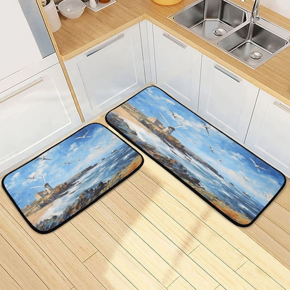 Dailycode 2 Pcs Kitchen Rug Set Non Slip Absorbent Soft Floor Mats for Kitchen Bathroom Seagull Windmill Sea City 19.7"x27.6"+19.7"x47.2"
