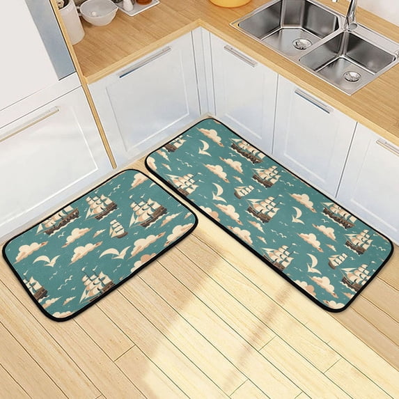 Dailycode 2 Pcs Kitchen Rug Set Non Slip Absorbent Soft Floor Mats for Kitchen Bathroom Ship on Sea 19.7"x27.6"+19.7"x47.2"