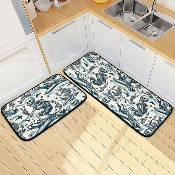 Dailycode 2 Pcs Kitchen Rug Set Non Slip Absorbent Soft Floor Mats for Kitchen Bathroom Skeleton on Surf 19.7"x27.6" 19.7"x47.2"