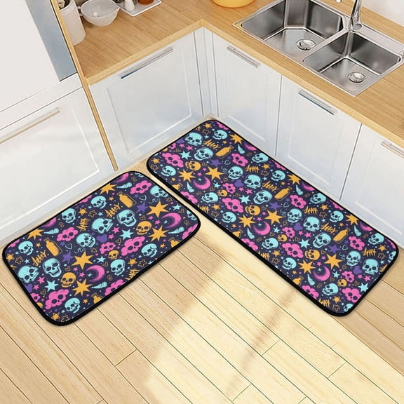Dailycode 2 Pcs Kitchen Rug Set Non Slip Absorbent Soft Floor Mats for Kitchen Bathroom Skull Cloud and Star 19.7"x27.6" 19.7"x47.2"