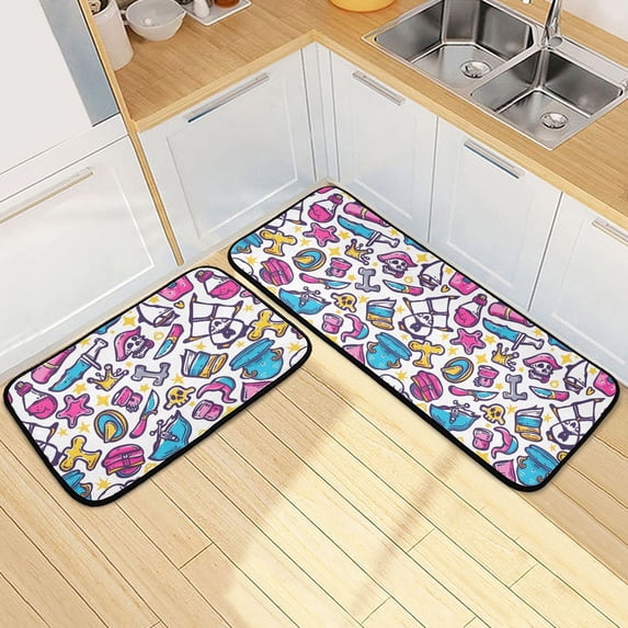 Dailycode 2 Pcs Kitchen Rug Set Non Slip Absorbent Soft Floor Mats for Kitchen Bathroom Skull Star Knife Hat 19.7"x27.6"+19.7"x47.2"