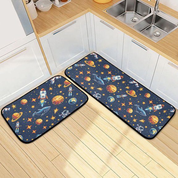 Dailycode 2 Pcs Kitchen Rug Set Non Slip Absorbent Soft Floor Mats for Kitchen Bathroom Space Stars Rocket Whale 19.7"x27.6"+19.7"x47.2"
