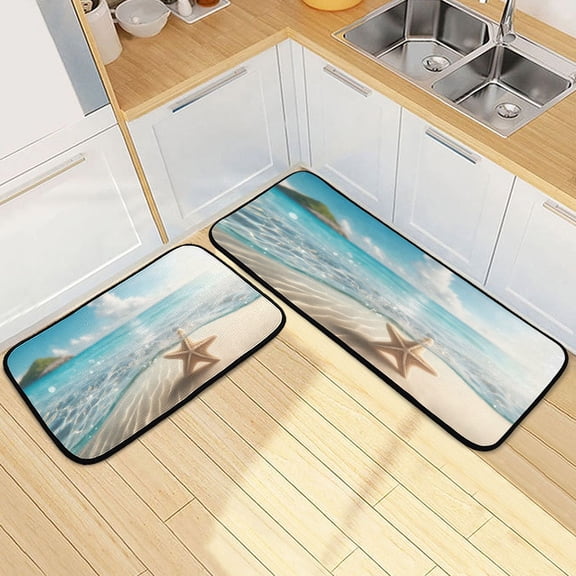 Dailycode 2 Pcs Kitchen Rug Set Non Slip Absorbent Soft Floor Mats for Kitchen Bathroom Starfish on Sand Beach 19.7"x27.6"+19.7"x47.2"