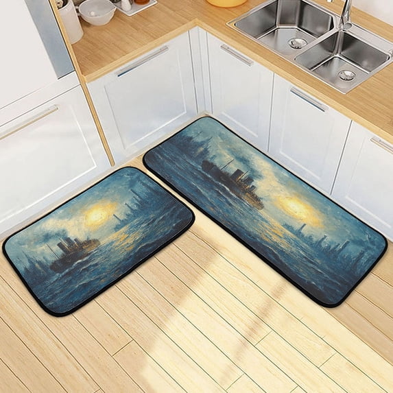 Dailycode 2 Pcs Kitchen Rug Set Non Slip Absorbent Soft Floor Mats for Kitchen Bathroom Steamship Sailing on Sea 19.7"x27.6"+19.7"x47.2"