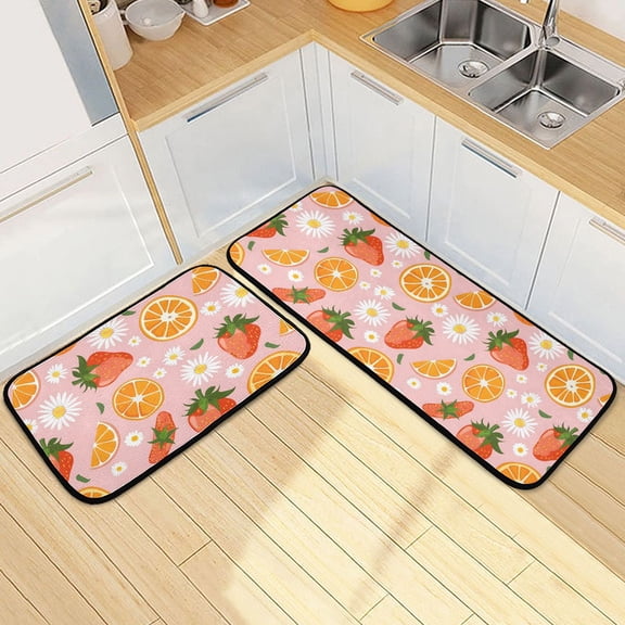 Dailycode 2 Pcs Kitchen Rug Set Non Slip Absorbent Soft Floor Mats for Kitchen Bathroom Strawberry Orange Daisy Flower 19.7"x27.6" 19.7"x47.2"