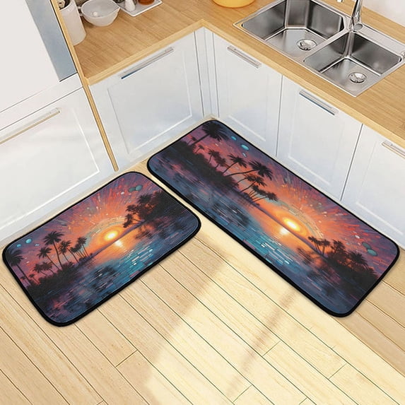 Dailycode 2 Pcs Kitchen Rug Set Non Slip Absorbent Soft Floor Mats for Kitchen Bathroom Sunset and Sea 19.7"x27.6"+19.7"x47.2"
