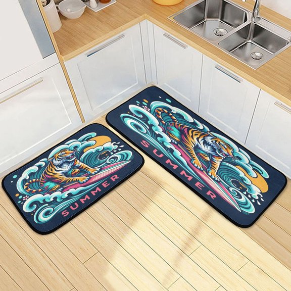 Dailycode 2 Pcs Kitchen Rug Set Non Slip Absorbent Soft Floor Mats for Kitchen Bathroom Surf-bored Tiger 19.7"x27.6"+19.7"x47.2"
