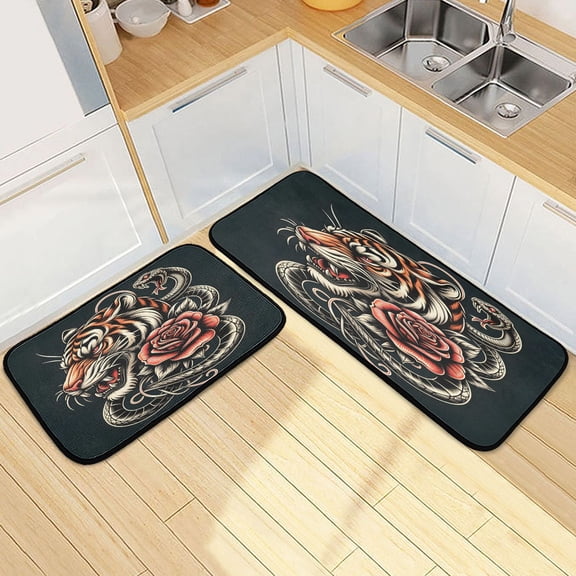 Dailycode 2 Pcs Kitchen Rug Set Non Slip Absorbent Soft Floor Mats for Kitchen Bathroom Tiger Head with Snake and Rose 19.7"x27.6"+19.7"x47.2"