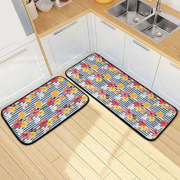 Dailycode 2 Pcs Kitchen Rug Set Non Slip Absorbent Soft Floor Mats for Kitchen Bathroom Tropical Fruit and Flowers 19.7"x27.6" 19.7"x47.2"