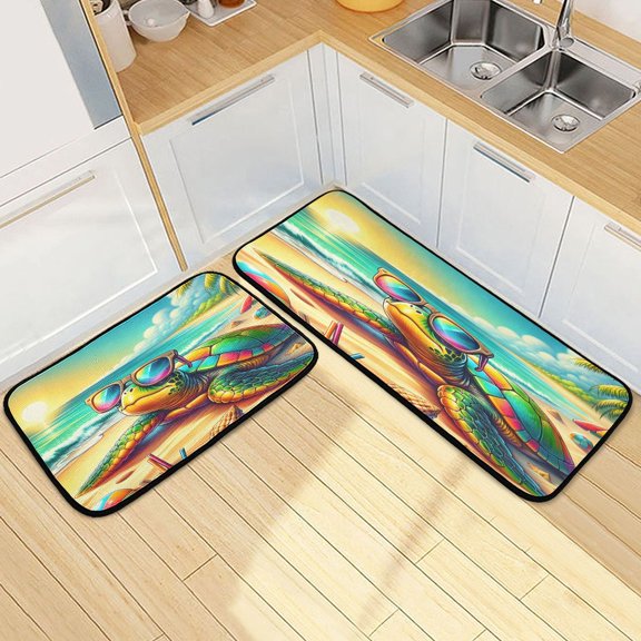 Dailycode 2 Pcs Kitchen Rug Set Non Slip Absorbent Soft Floor Mats for Kitchen Bathroom Turtle with Sunglasses and Beach 19.7"x27.6"+19.7"x47.2"