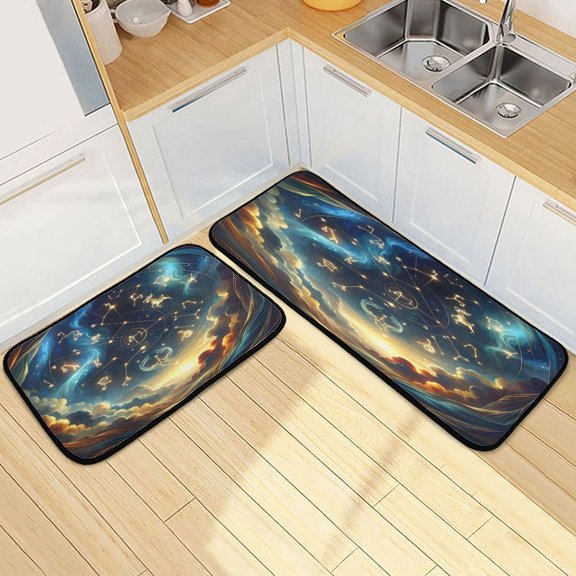 Dailycode 2 Pcs Kitchen Rug Set Non Slip Absorbent Soft Floor Mats for Kitchen Bathroom Twelve Zodiac Stars in Night Sky 19.7"x27.6"+19.7"x47.2"