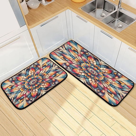 Dailycode 2 Pcs Kitchen Rug Set Non Slip Absorbent Soft Floor Mats for Kitchen Bathroom Vibrant Intricate Flower 19.7"x27.6"+19.7"x47.2"
