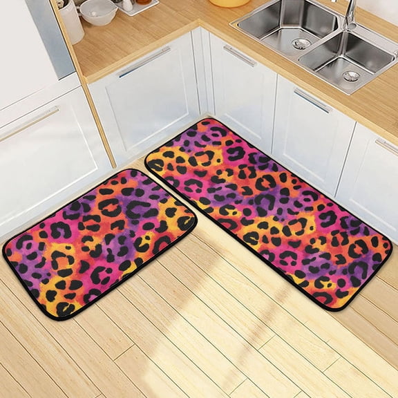 Dailycode 2 Pcs Kitchen Rug Set Non Slip Absorbent Soft Floor Mats for Kitchen Bathroom Vibrant Leopard Print 19.7"x27.6" 19.7"x47.2"