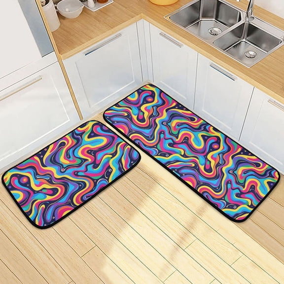 Dailycode 2 Pcs Kitchen Rug Set Non Slip Absorbent Soft Floor Mats for Kitchen Bathroom Vibrant Wavy Lines 19.7"x27.6" 19.7"x47.2"