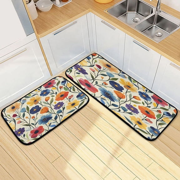 Dailycode 2 Pcs Kitchen Rug Set Non Slip Absorbent Soft Floor Mats for Kitchen Bathroom Vibrant and Colorful Floral 19.7"x27.6" 19.7"x47.2"