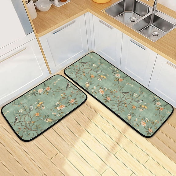 Dailycode 2 Pcs Kitchen Rug Set Non Slip Absorbent Soft Floor Mats for Kitchen Bathroom Vintage Chinese Bird and Flower 19.7"x27.6" 19.7"x47.2"