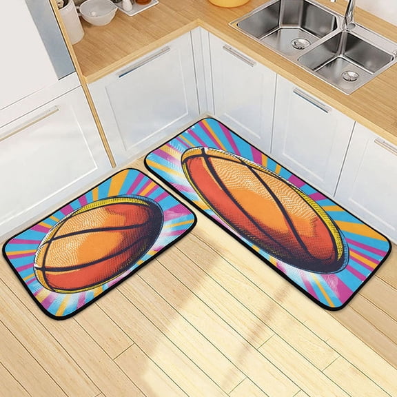 Dailycode 2 Pcs Kitchen Rug Set Non Slip Absorbent Soft Floor Mats for Kitchen Bathroom Vivid Basketball 19.7"x27.6"+19.7"x47.2"