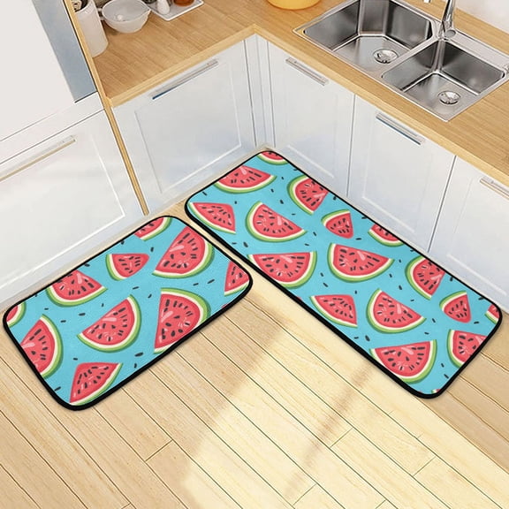 Dailycode 2 Pcs Kitchen Rug Set Non Slip Absorbent Soft Floor Mats for Kitchen Bathroom Watermelon Slice and Seed 19.7"x27.6"+19.7"x47.2"