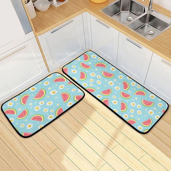 Dailycode 2 Pcs Kitchen Rug Set Non Slip Absorbent Soft Floor Mats for Kitchen Bathroom Watermelons and Daisies 19.7"x27.6"+19.7"x47.2"