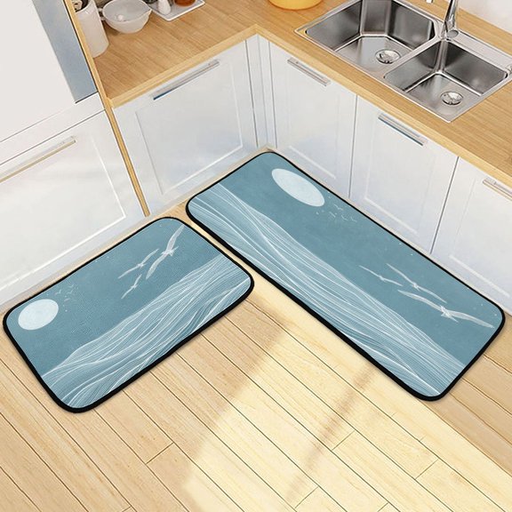 Dailycode 2 Pcs Kitchen Rug Set Non Slip Absorbent Soft Floor Mats for Kitchen Bathroom Wave Seagull Line Art 19.7"x27.6"+19.7"x47.2"