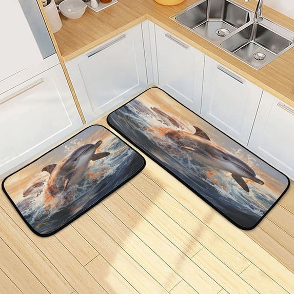 Dailycode 2 Pcs Kitchen Rug Set Non Slip Absorbent Soft Floor Mats for Kitchen Bathroom Whale Jump Out Of Water 19.7"x27.6"+19.7"x47.2"
