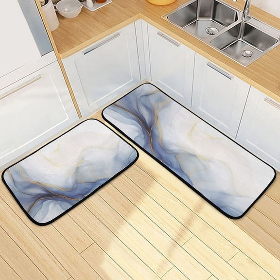 Dailycode 2 Pcs Kitchen Rug Set Non Slip Absorbent Soft Floor Mats for Kitchen Bathroom White Blue Gold Marble 19.7"x27.6" 19.7"x47.2"