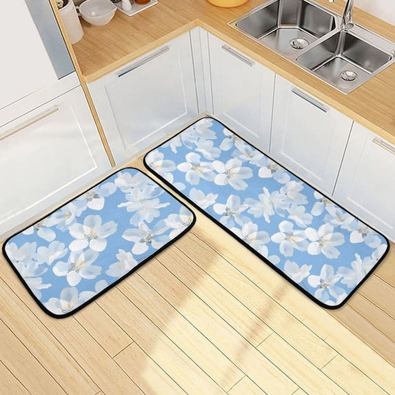 Dailycode 2 Pcs Kitchen Rug Set Non Slip Absorbent Soft Floor Mats for Kitchen Bathroom White Flowers 19.7"x27.6"+19.7"x47.2"