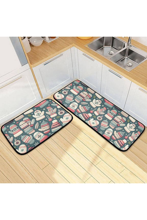 2 Pcs Kitchen Rug Set Non Slip Absorbent Soft Floor Mats for Kitchen Bathroom Winter Mittens and Snow 19.7"x27.6"+19.7"x47.2"