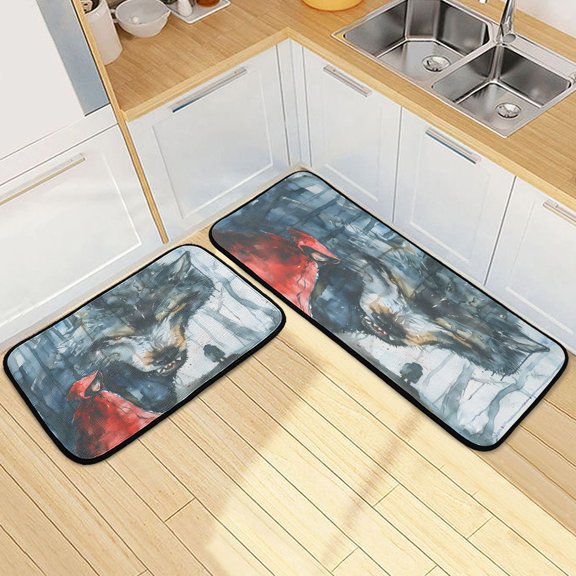 Dailycode 2 Pcs Kitchen Rug Set Non Slip Absorbent Soft Floor Mats for Kitchen Bathroom Wolf with Girl in Forest 19.7"x27.6"+19.7"x47.2"