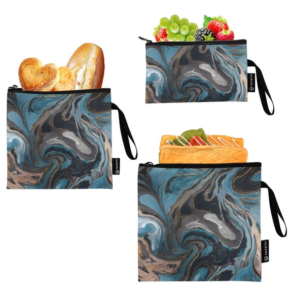 Dailycode 3 Pack Reusable Ziploc Bags Leakproof Sandwich Snack Freezer Bags, Black Brown Blue Marble
