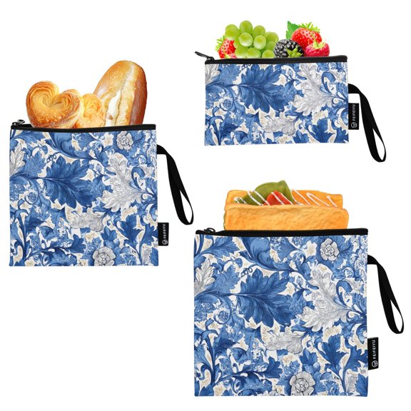 Dailycode 3 Pack Reusable Ziploc Bags Leakproof Sandwich Snack Freezer Bags, Blue Porcelain Style Floral