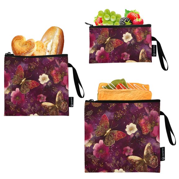 Dailycode 3 Pack Reusable Ziploc Bags Leakproof Sandwich Snack Freezer Bags, Burgundy Gold Butterfly