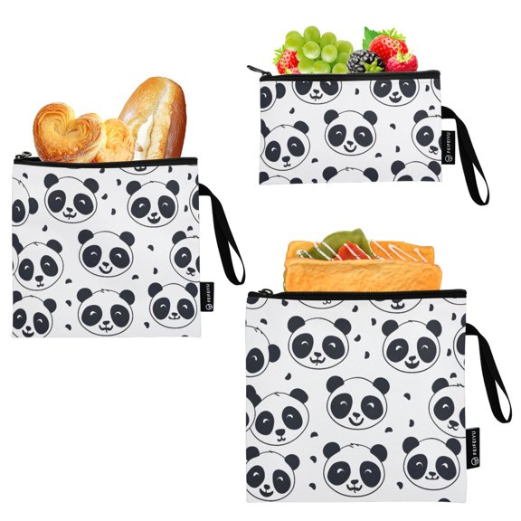 Dailycode 3 Pack Reusable Ziploc Bags Leakproof Sandwich Snack Freezer Bags, Cartoon Cute Pandas Face
