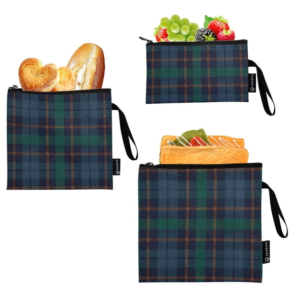 Dailycode 3 Pack Reusable Ziploc Bags Leakproof Sandwich Snack Freezer Bags, Dark Green Blue Plaid Pattern