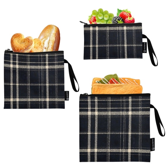 Dailycode 3 Pack Reusable Ziploc Bags Leakproof Sandwich Snack Freezer Bags, Dark Navy Blue Plaid