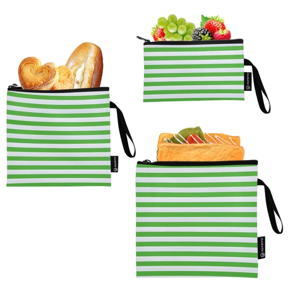 Dailycode 3 Pack Reusable Ziploc Bags Leakproof Sandwich Snack Freezer Bags, Green White Stripe