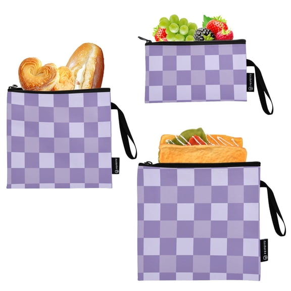 Dailycode 3 Pack Reusable Ziploc Bags Leakproof Sandwich Snack Freezer Bags, Lavender Lilac Gingham