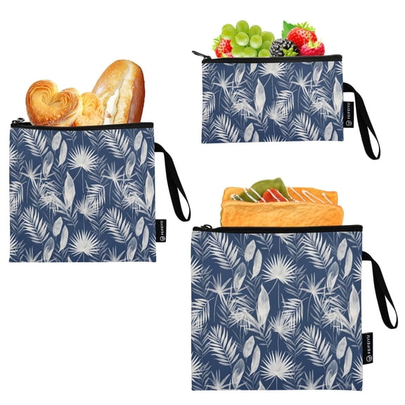 Dailycode 3 Pack Reusable Ziploc Bags Leakproof Sandwich Snack Freezer Bags, Navy White Palm Foliage