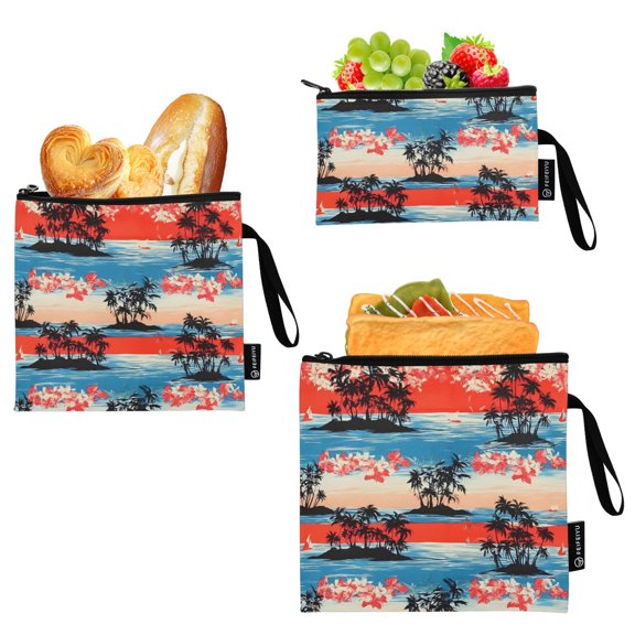 Dailycode 3 Pack Reusable Ziploc Bags Leakproof Sandwich Snack Freezer Bags, Tropical Sunset Palm Trees