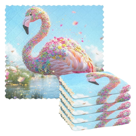 Dailycode 6 Packs Kitchen Dish Towels Soft Absorbent Dish Cloths Adorable Flamingo Covered in Flowers 11"x11"