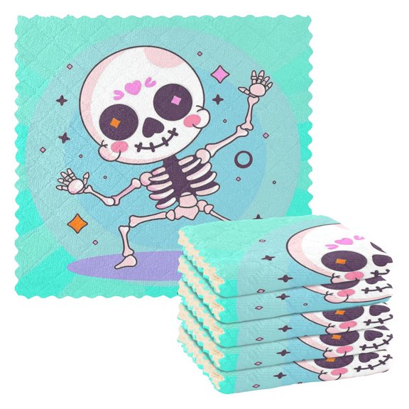 Dailycode 6 Packs Kitchen Dish Towels Soft Absorbent Dish Cloths Cartoon Skeleton Dancing 11"x11"
