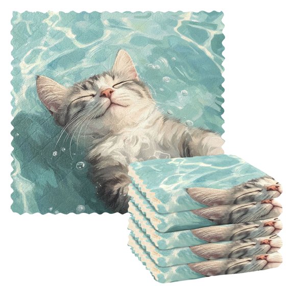 Dailycode 6 Packs Kitchen Dish Towels Soft Absorbent Dish Cloths Cat Floating in Water 11"x11"