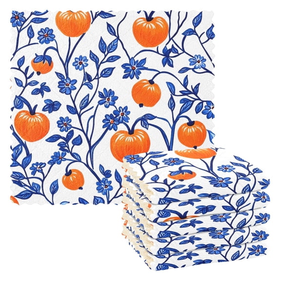 Dailycode 6 Packs Kitchen Dish Towels Soft Absorbent Dish Cloths Orange Persimmons Blue Vines 11"x11"