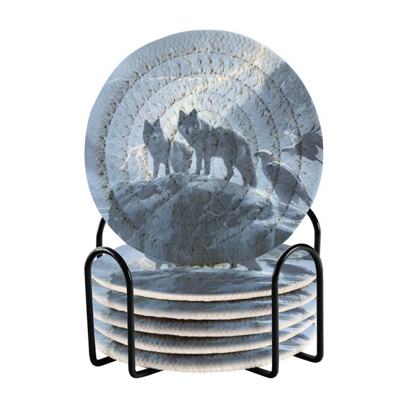 Dailycode 6 Pcs Drink Coasters Set with Holder Woven Absorbent Tabletop Protection Hot Pad, Wolves and Eagle
