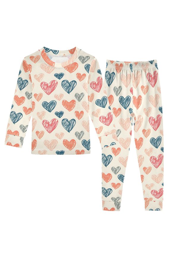 Cotton Pajama Set Snug Fit Long Sleeve Top and Pants for 18M-8Y Abstract Doodle Hearts