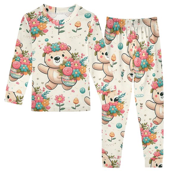 Dailycode Cotton Pajama Set Snug Fit Long Sleeve Top and Pants for 18M-8Y Cartoon Bear with Flowers